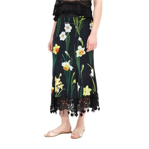 DOLCE & GABBANA Black Daffodil-print Cady Midi Skirt  IT 40 US S - Picture 7 of 9